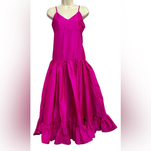 Azeeza  Dresses & Skirts - Azeeza Tanvi Midi Dress Hot Pink Taffeta Tiered Ruffle‎ Hem Spaghetti Strap XS